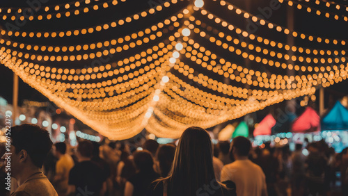 Experiencing vibrant night market atmosphere with glowing lights and crowds enjoying festive celebration, perfect for event promotions