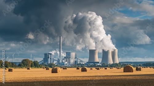 Renewable resources theme, a biomass power plant beside farmland, white steam coming out of the chimney, straw stacks around, background is a golden wheat field 