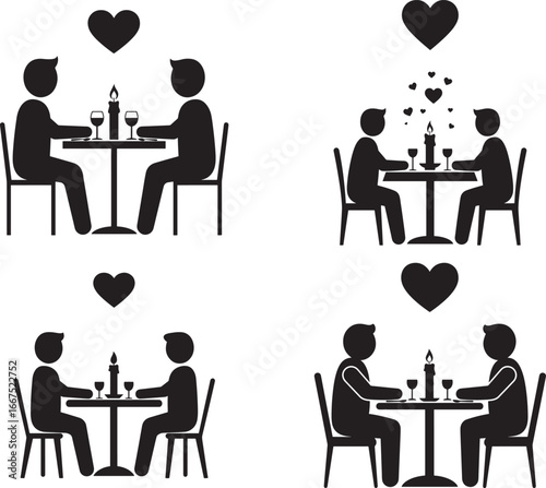 Four romantic couples dining together in silhouette style