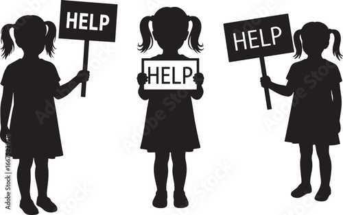 Three children silhouettes holding signs asking for help