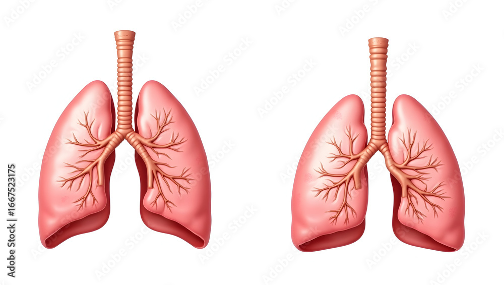 Fototapeta premium Anatomy & Physiology A comparison diagram of healthy and fibrotic lung, isolated on white, showing interstitial thickening for pulmonary pathology and anatomy (3)