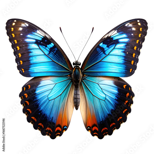 Blue morpho butterfly with vibrant iridescent blue wings accented by black edges and orange spots, showcasing delicate wing veins and symmetrical patterns
