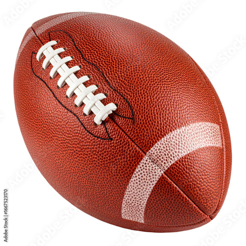 Brown American football with white laces and stitching, textured surface designed for grip, shaped in an oval prolate spheroid