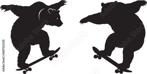 Two bears performing skateboarding tricks silhouette