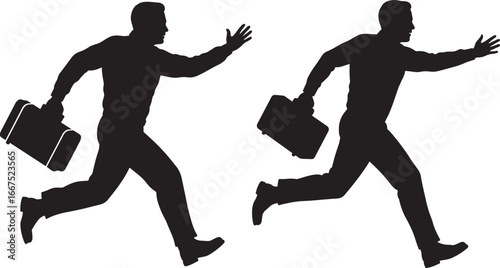 Two businessmen running with briefcases in a dynamic silhouette