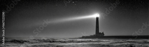 Lighthouse Shining On Night Sky With Stars