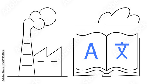 Factory with smoking chimney alongside an open book displaying multilingual letters, highlighting relationships between industries, knowledge, communication, and education. Ideal for globalization