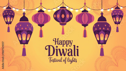 Celebrate Happy Diwali with vibrant lanterns and shimmering lights, festival of lights for greeting cards and social media promotions
