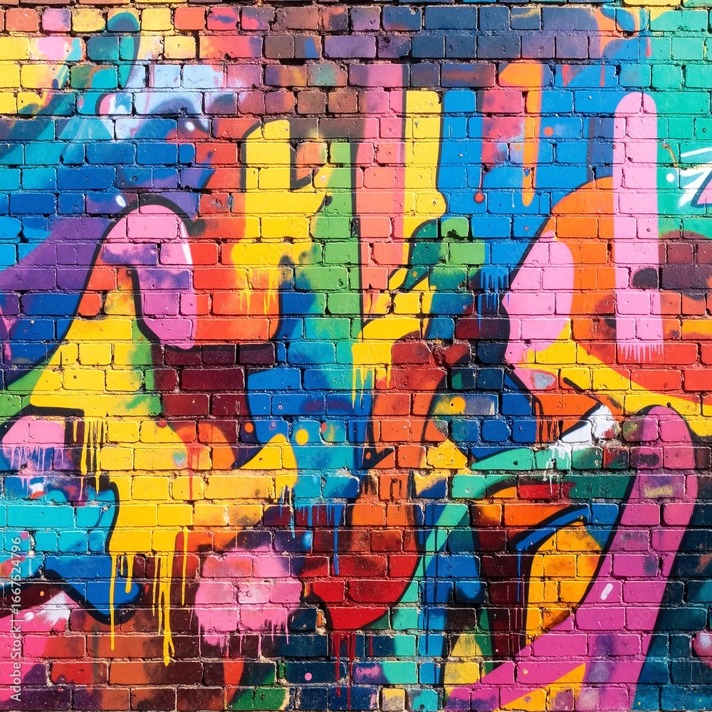 Obraz premium A vibrant graffiti wall bursting with an array of colors, featuring intricate designs, bold patterns, and dynamic shapes that showcase urban artistry.