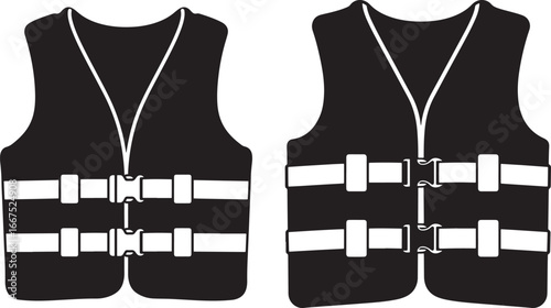 Two black life vest silhouettes with white straps and zippers silhouette