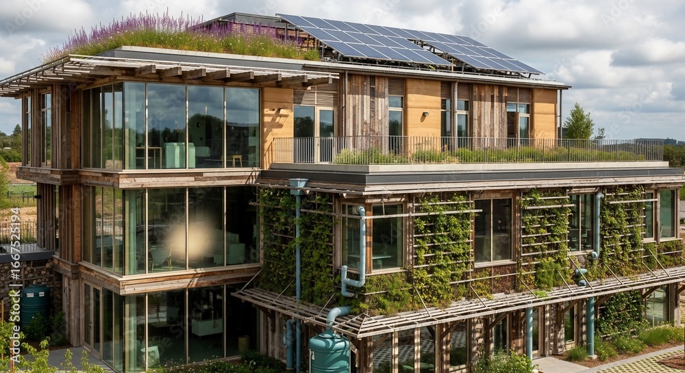 Obraz premium Modern environmental office building with green roof and solar panels
