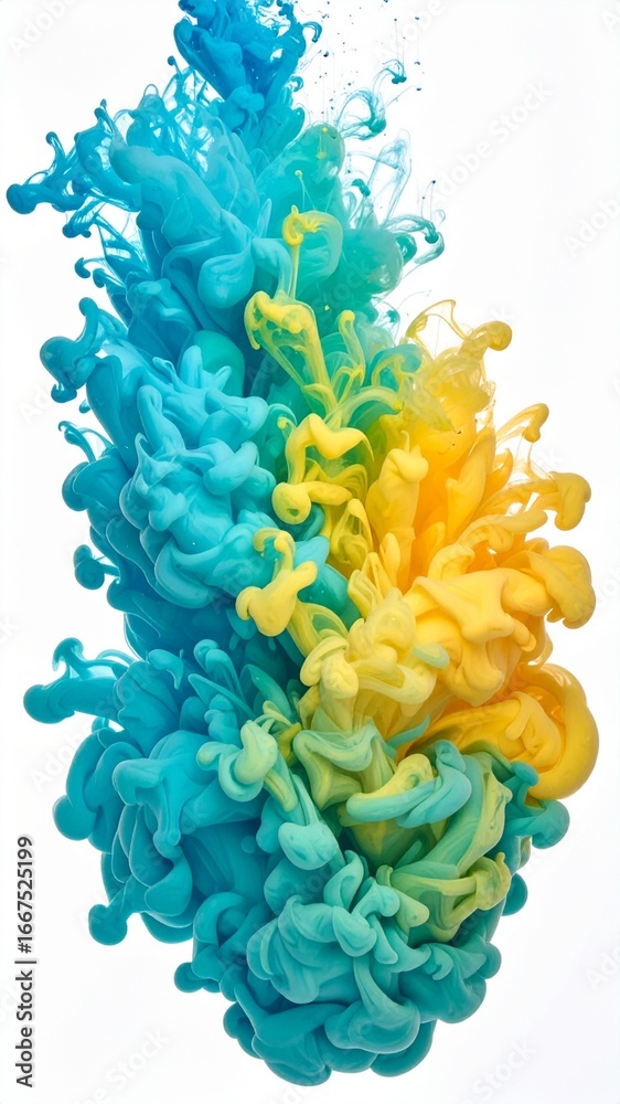 Obraz premium abstract background featuring turquoise and yellow ink clouds swirling in water, creating a vibrant artistic liquid texture on white backdrop.