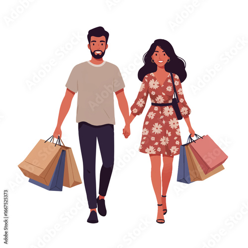 Smiling Arab couple in casual attire, happily carrying various colorful shopping bags from a mall, depicted in a modern flat vector illustration on an isolated white background.