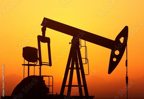 Misty dawn light silhouettes an oil pump jack against a hazy sky,  rural,   steel