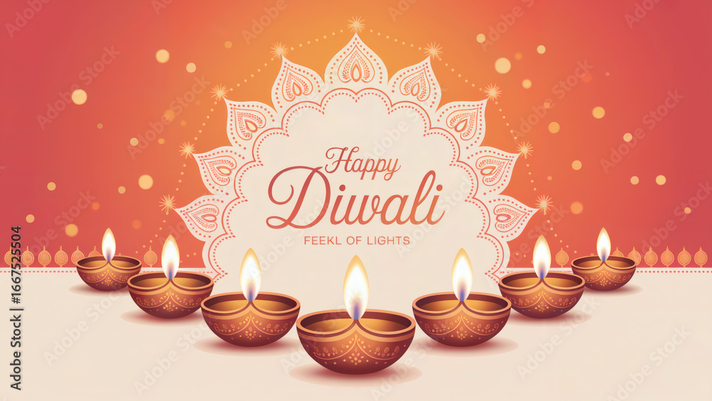Naklejka premium Celebrate Happy Diwali with glowing diya lamps and festive mandala patterns, ideal for vibrant holiday greeting cards and social media promotions