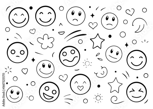 Charming hand drawn doodle emoji face collection featuring expressive characters in a whimsical sketch style