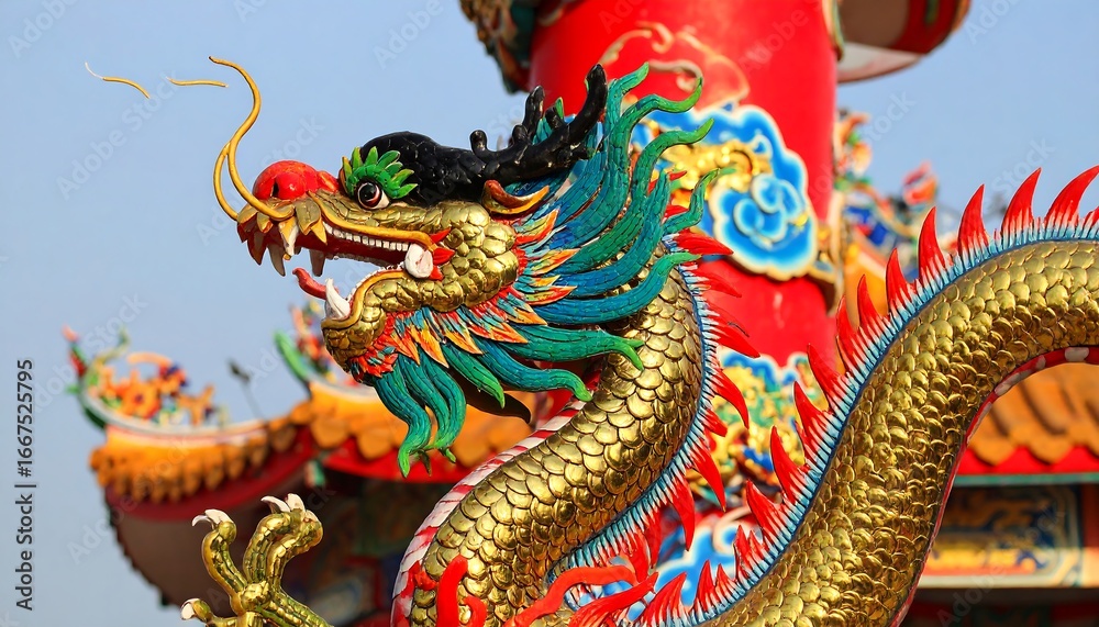 Fototapeta premium Colorful dragon statue, temple detail