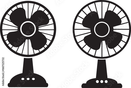 Two identical desk fans in silhouette on a white background