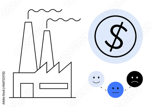 Factory with chimneys, dollar sign indicating financial aspects, and three faces illustrating different moods. Ideal for industry, economy, emissions, finance, emotions, trade environmental issues