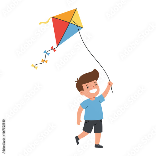 A cheerful young man in a flat minimal cartoon vector illustration happily flies a vibrant kite against a clean, isolated white background, symbolizing freedom and joy.