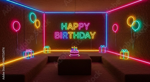 Neon birthday party room with cake, balloons, and gifts for celebration