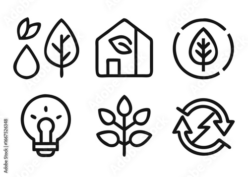 Comprehensive collection of adjustable line weight environmental symbols for ecological awareness and green initiatives presented in a clean graphic format