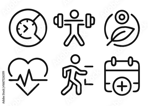 Comprehensive collection of health and wellness graphics featuring exercise and nutrition symbols in vibrant colors
