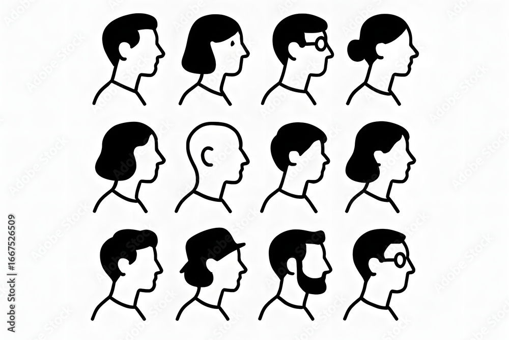 Fototapeta premium People Profile Illustrations: A collection of illustrated head profiles, each showcasing unique hairstyles and features.
