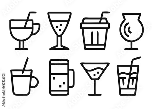 Collection of beverage graphics featuring coffee and other refreshing drinks presented in a clean and modern style