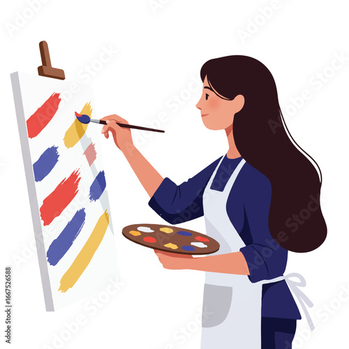 Vector character illustration depicts a creative woman focused on painting a canvas with vibrant, colorful brush strokes in a flat, clean style, isolated on a white background.