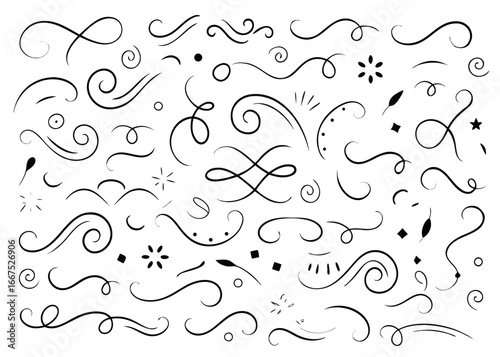 Artistic flourish design element featuring elegant text tails swirling calligraphy with dynamic swooshes and decorative accents