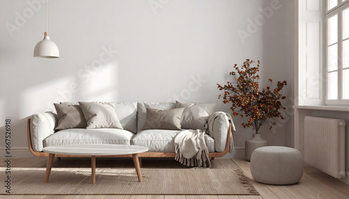 Scandinavian minimal interior, light neutral tones, natural wood, clean lines