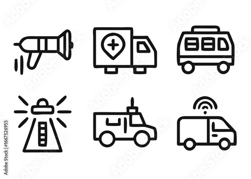 Comprehensive collection of emergency services symbols featuring adjustable line thickness and multiple color options for clear visual communication