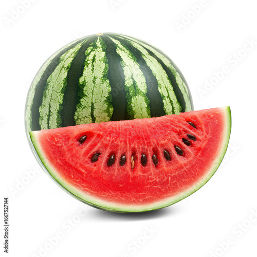 A juicy watermelon with vibrant green skin and a bright red interior. full length isolate on transparent background