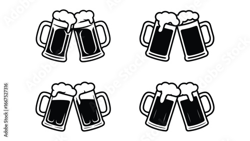 Beer mugs clinking set of vector icons celebration illustration 
