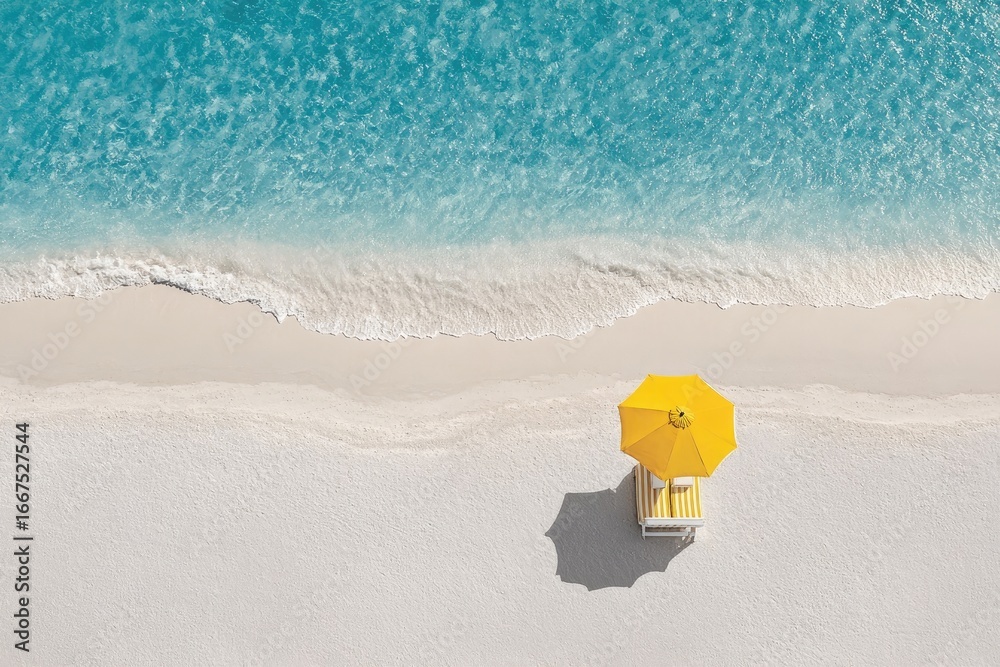Naklejka premium Aerial View Of Tropical Beach With Yellow Umbrella And Chair