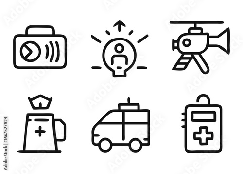Comprehensive collection of emergency response symbols featuring adjustable line thickness for diverse applications and clear visual communication