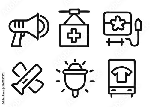 Comprehensive collection of emergency response symbols with adaptable line thickness for clear visual communication and public safety applications