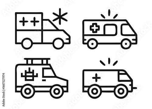 Comprehensive collection of emergency services symbols featuring adjustable line weight for versatile graphic design applications and clear visual communication