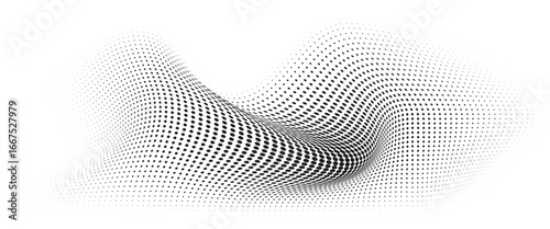 Flowing Wave Dot Halftone Pattern: Curve Gradient Shape on Transparent Background. Suitable for AI, Tech, Network, Digital, Science, and Technology Themes