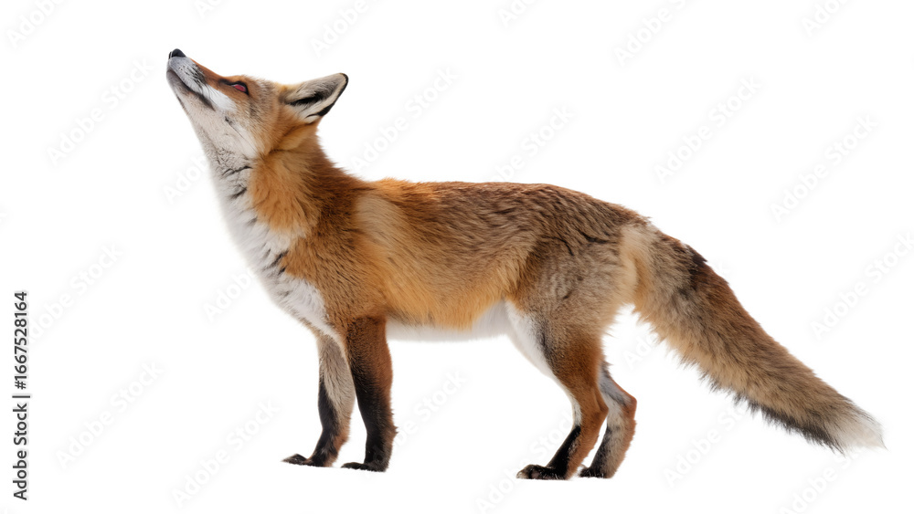 Obraz premium Alert Red Fox Standing and Looking Up on Transparent Background