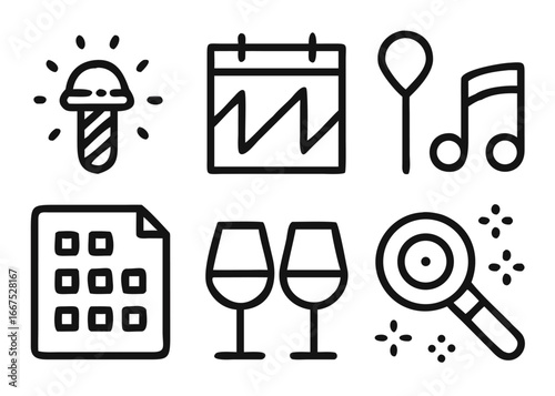 Comprehensive event planning icon collection featuring adjustable line weights and a spectrum of vibrant colors for professional design projects