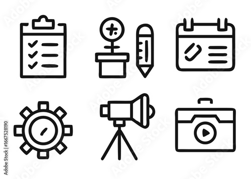 Comprehensive collection of adjustable line weight icons for event planning and organization tasks presented in a unified graphic style
