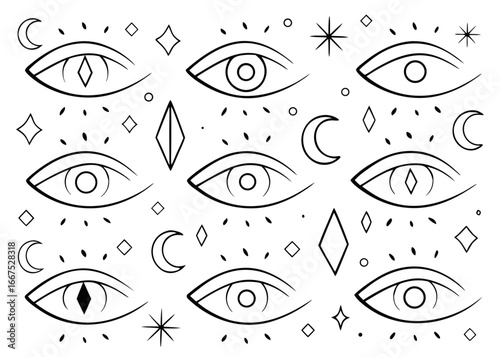 Hand drawn eye doodles repeating pattern design featuring black yellow cyan and magenta abstract art