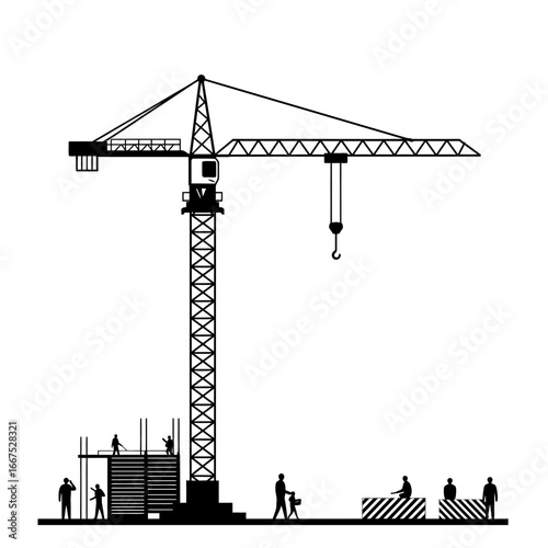 A detailed black and white vector illustration depicts a towering construction crane actively working on a building site with silhouetted workers.