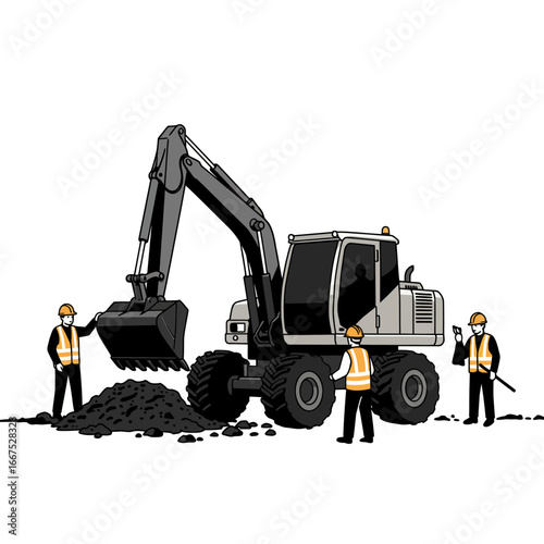 An illustration of construction workers and an excavator performing earthmoving tasks on a job site, highlighting teamwork and industrial safety.
