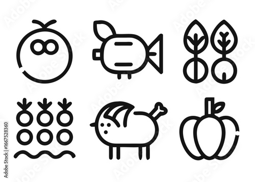 Comprehensive collection of farm produce icons featuring adjustable line weight and agricultural elements for visual projects