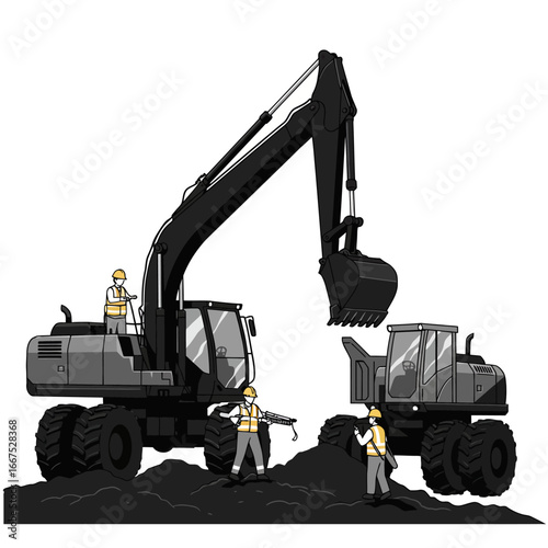 An illustrated scene shows diligent construction workers operating heavy machinery, an excavator and a dump truck, moving a pile of material on an industrial site.