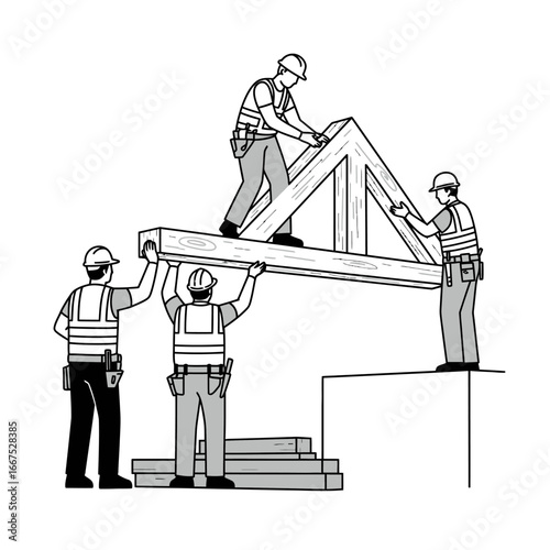 Diligent construction workers, wearing protective gear, skillfully lift a heavy wooden truss, collaborating to build a new structure with precision and teamwork.