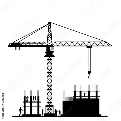 A towering construction crane oversees the ongoing building of a modern urban structure, with silhouetted workers diligently engaged in various stages of development.